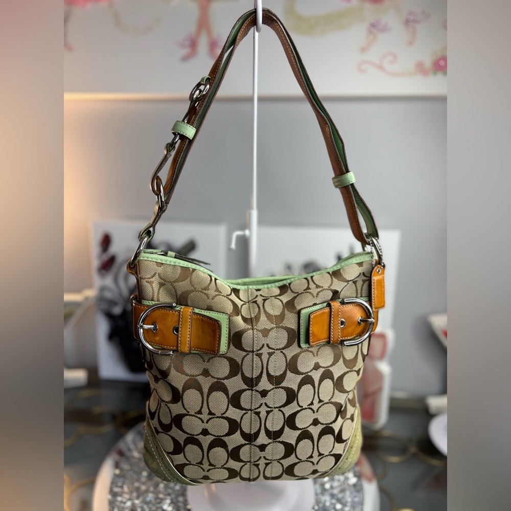 Coach Tan Signature Canvas Shoulder Bag with Green Trim and Cognac Buckles